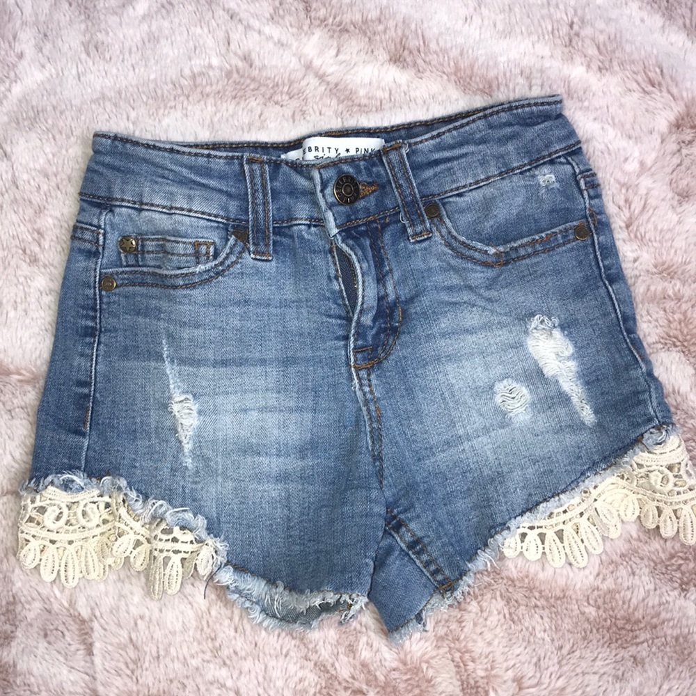 Denim light blue jean shorts with lace detailing